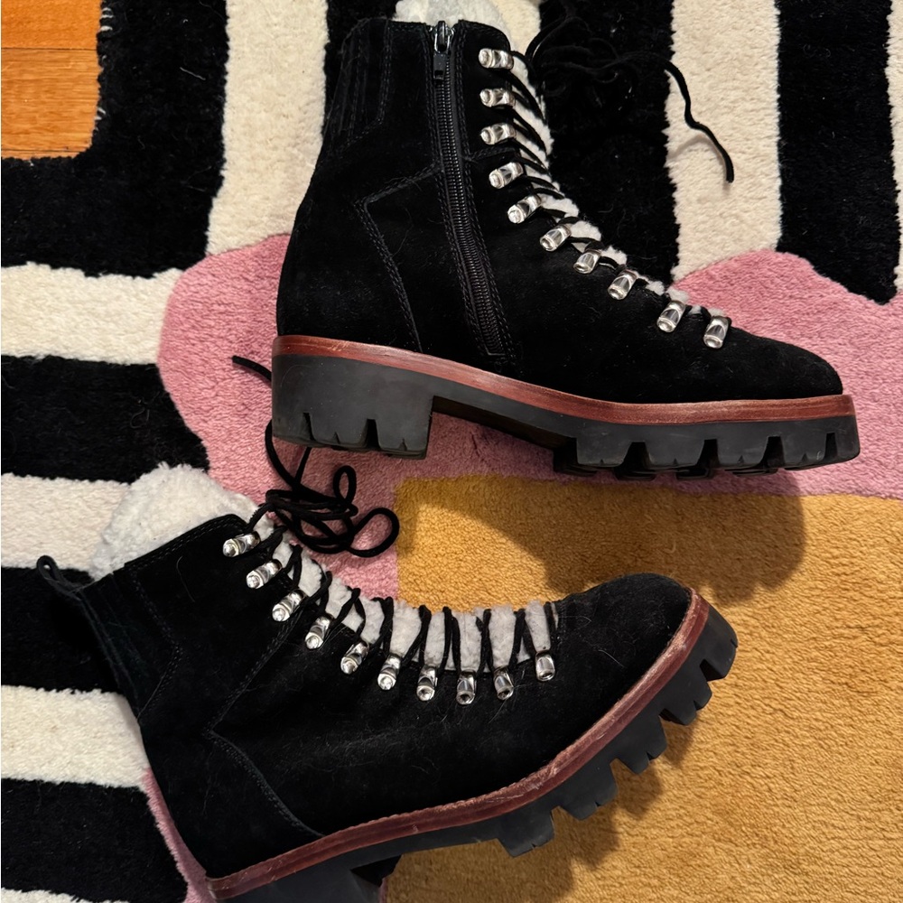 Jeffrey Campbell Stanley Faux Fur Detail Lace-Up Hiker Boot Black Suede Size 8.5